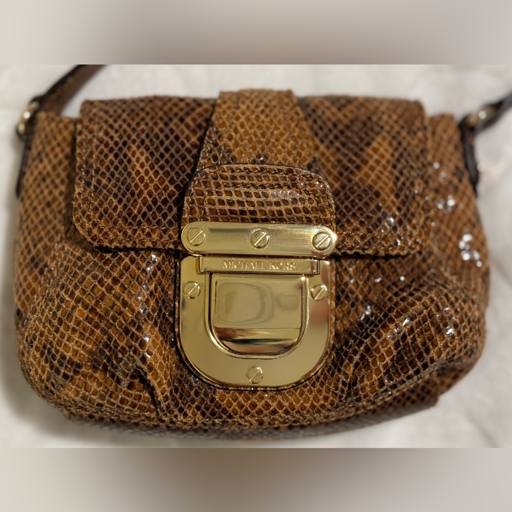 Michael Kors Charlton Brown Gold Snakeskin style Crossbody small Bag